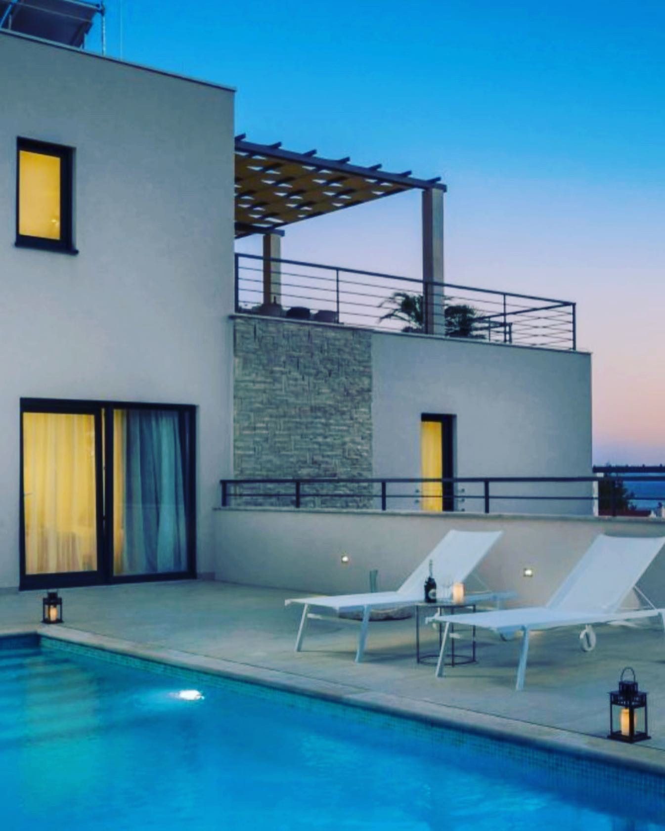Villa pool terrace at dusk, Brač Island